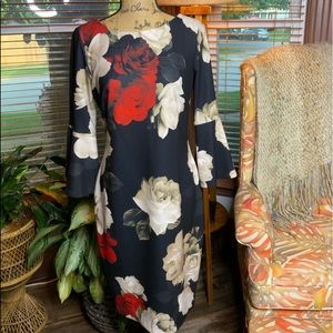 Calvin Klein black with red and cream rose print dress
